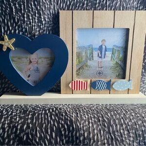 Nautical Blue and Natural Wood Double Photo Frame